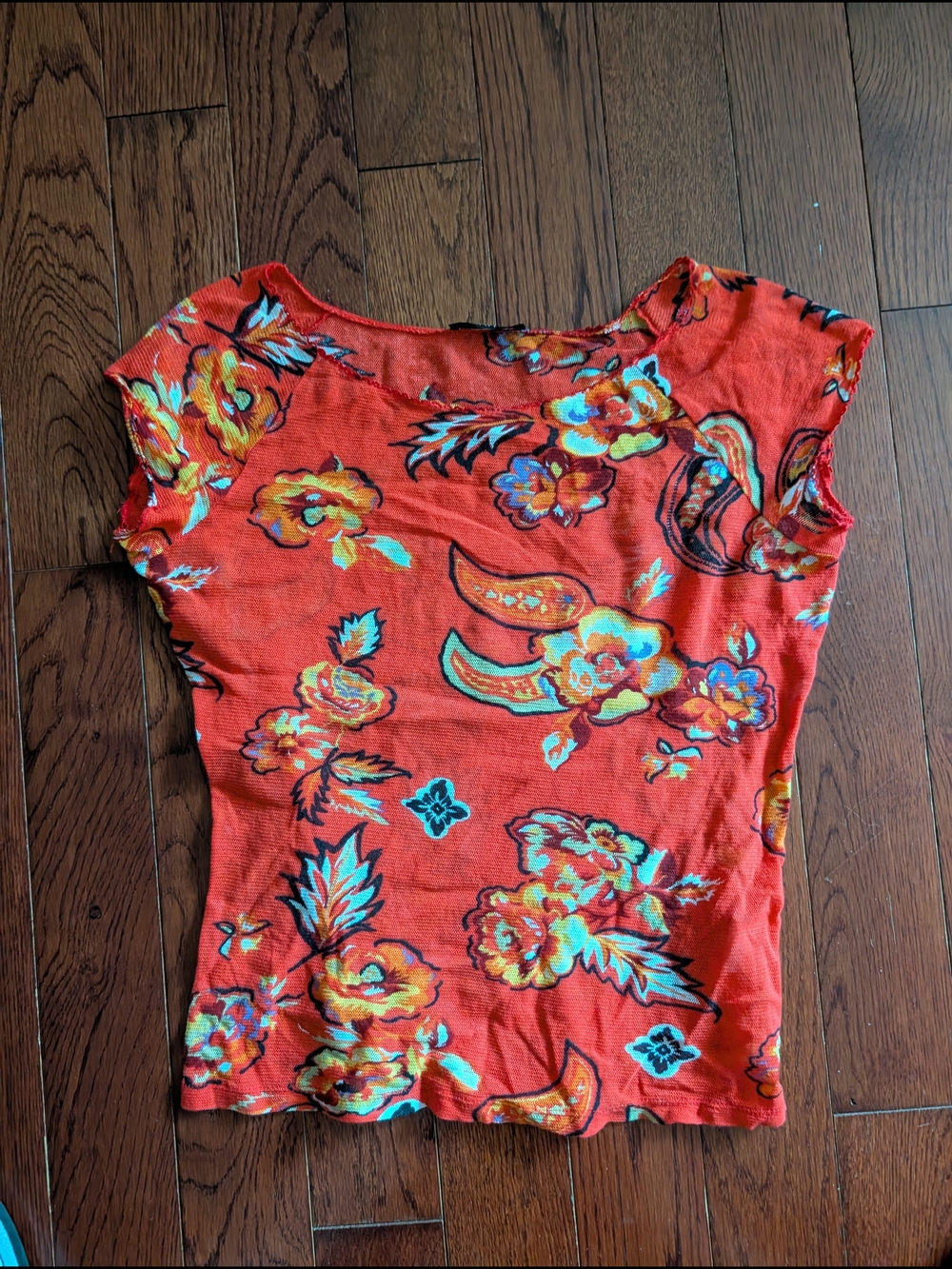 Oui Floral Scoop Neck Women's Top in Coral Red/Orange